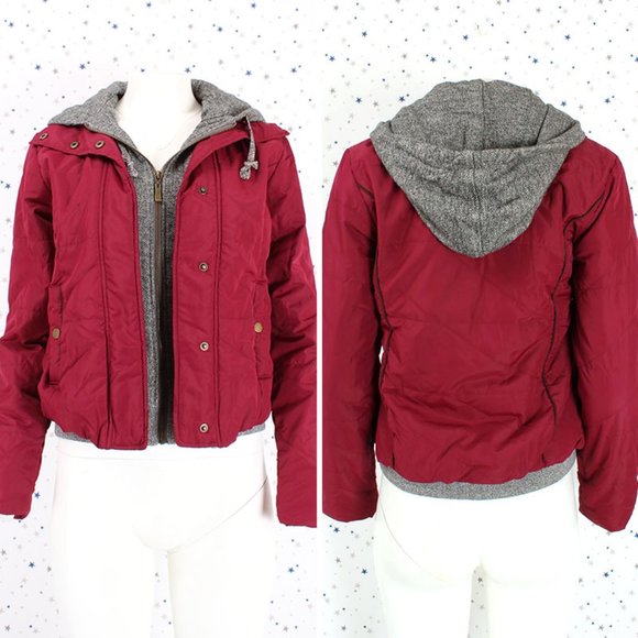 Burgundy Grey Jersey Hooded Padded Jacket - Picture 1 of 11